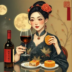 portrait of the most beautiful chinese woman enjoying wine and mooncake, very detailed, wine bottle, beautiful mooncake, moonfestival decoration, mid autumn fesitval, by artgem, victo ngai, makoto shinkai, by klimt and nixeu and ian sprigger and wlop and krenz cushart