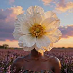 closeup, large flower as a head, an african woman in heather field, surreal photography, golden hour, colorful clouds, impressionist painting, digital painting, artstation, simon stalenhag