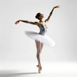 tattooed ballerina mid-pirouette, high detail digital art, full body, standing, isolated on a pure white background, centered, whole figure in frame, sharp focus, studio lighting