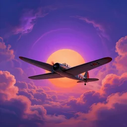 a wwii plane flying throw the sky, beautiful colourful clouds illuminated by a purple sun, and a orange sun, trippy clouds, psychedelic sky, colourful by craig mullins