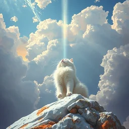 a sending down [ of the revelation ] from a white fluffy cat who created the earth and the lofty heavens, overdetailed art, by greg rutkowski, by rhads, sharp focus
