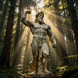 Ancient statue of wise greek gigachad the god of bodybuilding lost in the heart of the pristine cedar forest | dramatic light | cinematic lighting | sunshafts, volumetric lighting | golden hour | style of donato giancola | subsurface scattering | rtx on