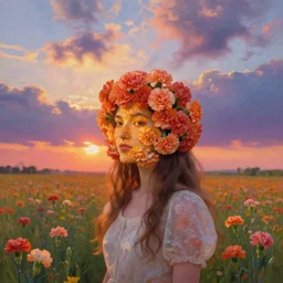 head made of carnations flower, girl standing in a flower field, surreal photography, sunrise dramatic light, impressionist painting, colorful clouds, large sky, digital painting, artstation, simon stalenhag, flower face