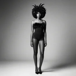 photo of beautiful young black woman with afro with feathers in hair, black and white, jose vagara, photographed by thomas easterly, full body in frame,,