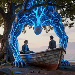 boat under a tree, by greg rutkowski, by anton fadeev, by rhads, 4 k, cyber punk style, glowing blue veins, greg rutkowski, very coherent symmetrical artwork, cinematic, hyper realism, high detail, octane render, unreal engine, 8 k, vibrant colors, smooth gradients