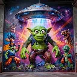 an 8 k photo real glossy hi res volumetric lighting 8 0 mm graffiti mural depicting a gremlin ufo orc zardoz lovecraft dinosaurs jim henson stranger manga goku things lord of the rings where the wild things are game of thrones jwst nasa beast monster frightening clay sculpture fright night horror terror super hero toy marvel dynamic god rays portal milky way galaxy