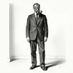 A man wearing a suit and a gas mask standing in a white room, illustration, etching, in the style of Otto Dix, great quality