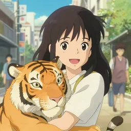 a film still of a cheerful girl with a tiger, finely detailed features, perfect art details, in a city, sun, gapmoe, yandere, trending on pixiv fanbox, painted by ( ilya kushinov ) makoto shinkai takashi takeuchi studio ghibli akihiko yoshida, makoto shinkai!!!