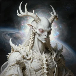 surreal baroque portrait of ribbed white alien god covered with spinal antlers, on white exoplanet, iredescent soft glow bloom effect, dream - like, baroque portrait painting, perfect composition, beautiful detailed intricate detailed octane render, artstation, 8 k, photorealistic, volumetric cinematic light, chiaroscuro, masterpiece, raphael, caravaggio, beksinski, giger