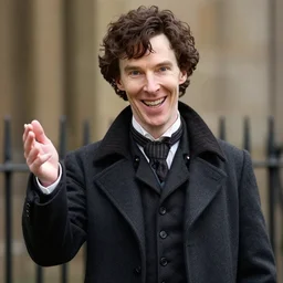 Benedict Cumberbatch as Sherlock with a big silly smile