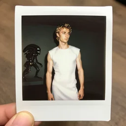 instax still frame of Julius Caesar from Prometheus movie and Alien movie by Michaelangelo featured in Vogue editorial fashion photography, haute couture dressed by Givenchy and Salvatore Ferragamo painted by Andrea Pozzo, in porcelain and metal and lush branch