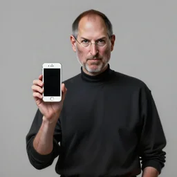 beautiful lifelike studio serious!!! painting of painting of epic!!!! steve jobs holding up an iphone to the camera with one hand, other hand behind his back. perfectly shaded lighting, expressive!!!! creative!!!!! very very coherent, trending on artstation, greg rutkowski, hyper detailed, 4 k, high quality, smooth, sharp focus