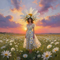 crown made of giant daisy flower, full body girl standing in a flower field, surreal photography, sunrise, dramatic light, impressionist painting, colorful clouds, digital painting, artstation, simon stalenhag