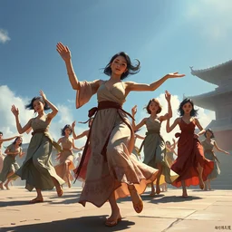 greg manchess top angle shot of group of asian females dancing, organic painting, sunny day, matte painting, bold shapes, hard edges, street art, trending on artstation, by huang guangjian and ail elvgren and sachin teng, 8 k, high detail, fantasy art, dnd, artstation,