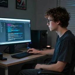 nerdy guy sitting in unlit room behind computer screen, furiously typing prompts in discord with hand in his pants