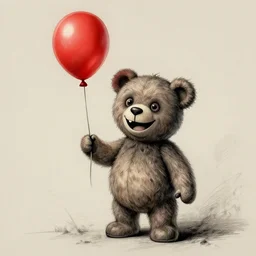 surrealism grunge cartoon sketch of a teddy bear with a wide smile holding a red balloon by - michael karcz, loony toons style, creepy themed, detailed, elegant, intricate