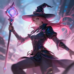 A witch wielding a futuristic power staff, digital apex legends illustration portrait, gorgeous lighting, wide angle action dynamic portrait, perspective shot, art by Nick Sullo, Pink and blue palette, high contrast,