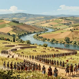 Wide shot of epic Italian landscape near river Aufidus, distant battle of Cannae 216 BCE, with republic-era Roman soldiers in formations, Carthaginian phalanxes in formations, sharp focus, illustration, by Stéphane Bourez, László Szabados