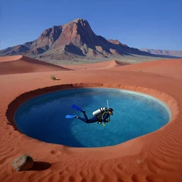 a scuba divers is swimming alone in a giant pool surrounded by red desert sand ; mountain range in the background. the sky is cloudless. surrealist painting, jean arp, max ernst, andre masson, yves tanguy, salvador dali