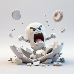 dissection of angry screaming miniature ceramic toy Figure falling apart, c4d, 3d primitives, in a Studio hollow, surrounded by flying parts, explosion drawing, by pixar, beeple, by jeff koons, blender donut tutorial, by noah bradley, joints, bolts, buttons