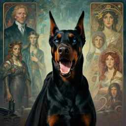 realistic detailed portrait movie shot of a snarling doberman wearing a cape, sci fi landscape background by denis villeneuve, amano, yves tanguy, alphonse mucha, ernst haeckel, max ernst, roger dean, masterpiece, rich cold moody colours, dog teeth, blue eyes