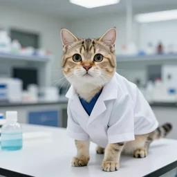 photo of a cat wearing a lab coat while standing in a laboratory table