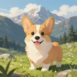 adorable corgi puppy in a beautiful scenic mountain landscape, anime, fantasy, detailed digital art