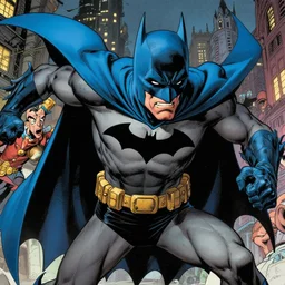 deep focus, a closeup portrait of bizzarro batman with a long blue cape and cowl in bizzarro city at night, fighting action pose, stan lee and stan saki, detailed illustration, neal adams, intricate, comic book cover, film still,