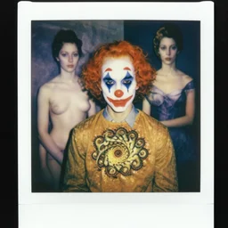 a photo of clown androgyny, mandelbrot, in the style of egon schiele, jenny saville, m c escher, surreal, film photography, soft lighting, fashion photography, polaroid photography