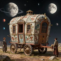 gypsy caravan by paolo eleuteri serpieri and tomer hanuka and chesley bonestell and daniel merriam and tomokazu matsuyama, unreal engine, high resolution render, featured on artstation, octane, 8 k, highly intricate details, vivid colors, planets, moon, stars