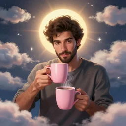 portrait of a ( ( ( una taza de cafe grande y rosada ) ) ), ( ( guapo joven caliente espanol macho y barbudo ) ), nubes y magia, el sol, concept character, model hands, by greg rutowski and tezuka and oi and mucha and bierstadt and remington, trending on artstation