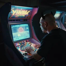 pitbull using a computer while trapped in a pinball machine, over the shoulder perspective, in 1 9 8 5, y 2 k cybercore, industrial low - light photography, still from a kiyoshi kurosawa movie
