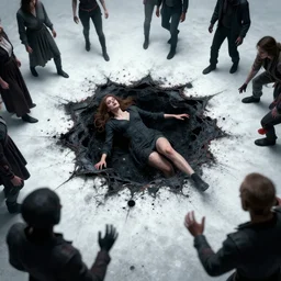 woman falling through a black hole that leads to hell with all her enemies surrounding her
