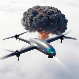 combat drone strike war footage, ir, iridescent saturated infrared camera, very high contrast, nuclear cloud, high angle vertical