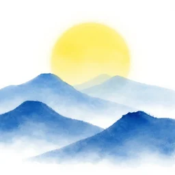 very very very beautiful artwork of layered blue mountains with a white background, a bright yellow sun.