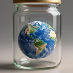 a tiny realistic earth contained inside a [ [ glass jar only ] ]. sharp focus, photography, unreal engine, trending on artstation, photorealistic, octane, trending on deviantart, unreal engine