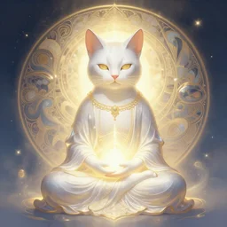 delicate buddhist cat meditating emiting mystical light, intricate, elegant, highly detailed, my rendition, digital painting, artstation, concept art, smooth, sharp focus, radiant light, illustration, art by artgerm and greg rutkowski and alphonse mucha