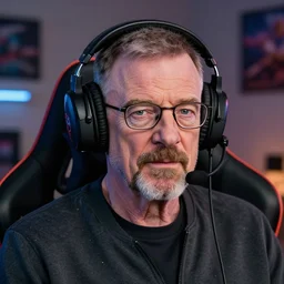 professional head shot of walter white wearing a gaming headset and sitting in a gaming chair in a bedroom, 8 k, dslr, very detailed, very intricate,
