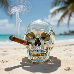 a glass skull smoking a perfect cuban cigar, varadero beach, cinematic photography, smoke rising like clouds, beautifully symmetrical, super resolution, cgi, volumetric lighting & shadows, hyper detailed, 8 k, unreal engine,