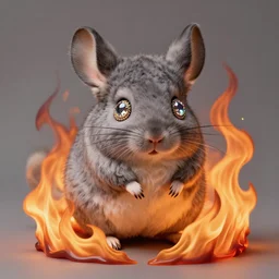 a chinchilla puppet, surrounded by liquid flame, with eyes of rococo decorated crystal gems, conceptual art and exquisite details