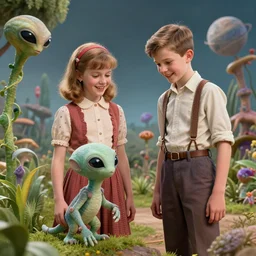 a girl and a boy standing next to some alien plants, looking happy, wearing 1960 era clothes, they are playing with their small pet alien creature, in a park on a alien planet, extremely highly detailed, ultra realistic facial details, hyper realistic, ultra detailed, hyper photorealistic raytracing, octane render, 8k
