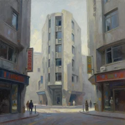 a photograph of a futuristic street scene, brutalist style architecture, straight edged buildings with windows, shop signs, finely detailed oil painting, impasto brush strokes, soft light, 8 k, dramatic composition, dramatic lighting, sharp focus, octane render, masterpiece, by adrian ghenie and jenny saville and zhang jingna
