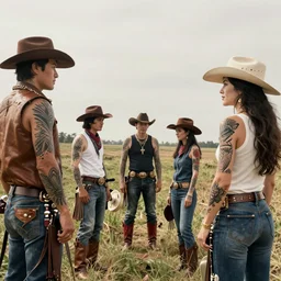 full view, from a distance, of cowboys with tattoos, style of yoshii chie and hikari shimoda and martine johanna, highly detailed