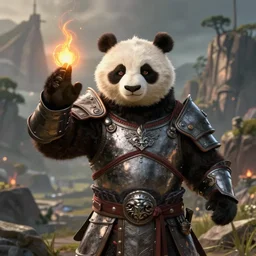 a portrait an anthropomorphic panda shaman casting a spell, wearing 1 0 storms armor, landscape in background, dnd character art portrait, world of warcraft style, by peter mohrbacher, cinematic lighting