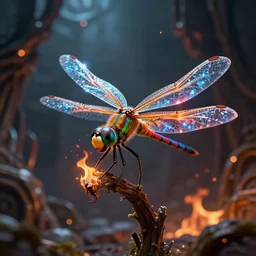 colorful dragonfly, magic of fire and magic of ice. occult cyberpunk, ancient futuristic, dark art, occult. by Petros Afshar, by artgerm, by Eddie Mendoza, by Peter mohrbacher, octane render, 3d, unreal engine, depth of field, bokeh, motion blur, blur
