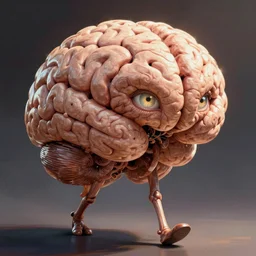 a create made of a giant brain with a face which walks on little stumpy limbs, it has a piercing gaze, comic book illustration, final boss