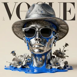 a head made out of melting metal, limitted neutral palette, it is wearing sunglasses and a hat, there are flowers all around it, blue paint melting, vogue cover style, demonic style, fractal style