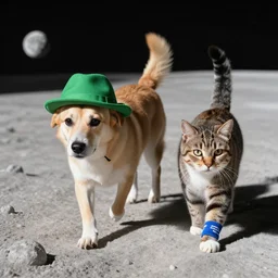 a dog and a cat walking on the surface of the moon. the dog is wearing a green hat, and the cat is wearing socks on each of its paws.