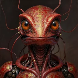 close up sci - fi bioshock big daddy simon stalenhag reptile robot eyes fused into massive wires, gold fractal details ruby skin, elegant, highly detailed, centered, digital painting, concept art, smooth, sharp focus, illustration, artgerm, tomasz alen kopera, peter mohrbacher, donato giancola, joseph christian leyendecker, wlop, frank frazetta