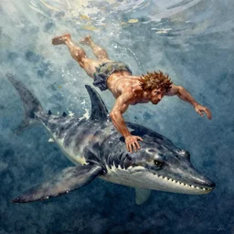 watercolor painting of prehistoric caveman, swimming to escape plesiosaurus, paint brush strokes, art by rance jones, masterpiece, cinematic light, american romanticism
